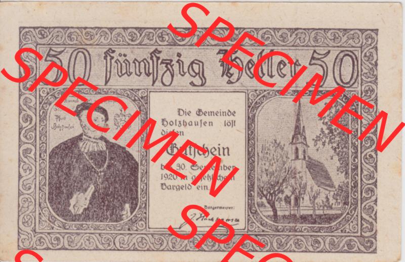 Notgeldscheine Oberösterreich Holzhausen 1920, 50 Heller. Vorderseite des oberösterreichischen Notgeldscheins im online Katalog auf EMBMV zum katalogisieren der eigenen Notgeld-Sammlung... Sammlung