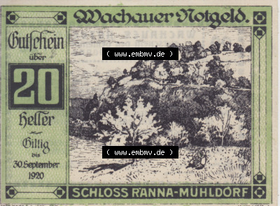Notgeldscheine Niederösterreich Schloss Ranna-Mühldorf 1920, 20 Heller. Vorderseite des Notgeldscheins im online Katalog auf... Sammlung