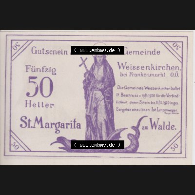 Notgeldscheine Oberösterreich Weißenkirchen im Attergau 1920, 50 Heller (1). Notgeld Oberösterreich der Gemeinde Weißenkirchen im Attergau, Notgeldscheine... Sammlung