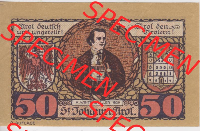 Notgeldscheine Tirol Sankt Johann in Tirol 1921, Auflage 4. 50 Heller (1) Sammlung