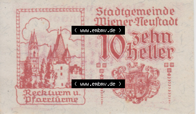Notgeldscheine Niederösterreich Wiener-Neustadt, Stadt-Gemeinde 1920, 10 Heller. Vorderseite des Notgeldscheins im online Katalog... Sammlung
