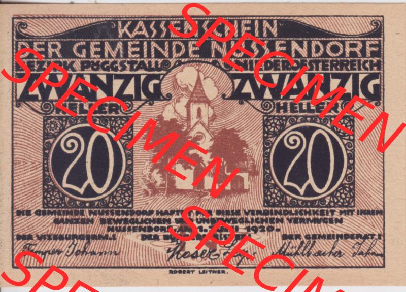 Notgeldscheine Niederösterreich Nussendorf - Artstetten 1920, 20 Heller. Vorderseite des Notgeldscheins im online Katalog auf EMBMV zum katalogisieren der eigenen Sammlung für private... Sammlung