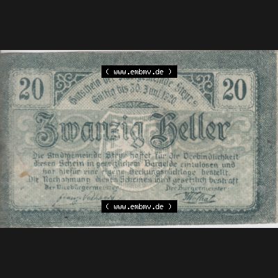 Notgeldscheine Oberösterreich Steyr 1919-1920, 20 Heller (1). Notgeld Oberösterreich Steyr, Notgeldscheine aus Oberösterreich im online Katalog für private... Sammlung