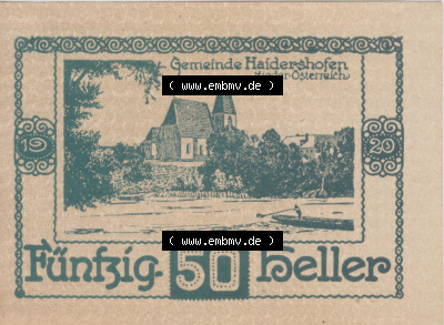 Notgeldscheine Niederösterreich Haidershofen 1920, 50 Heller. Vorderseite des Notgeldscheins im online Katalog auf EMBMV zum... Sammlung