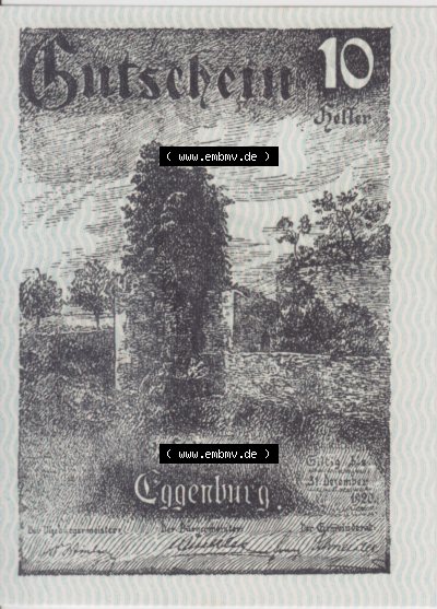Notgeldscheine Niederösterreich Eggenburg 1920, 10 Heller. Vorderseite des Notgeldscheins im online Katalog auf EMBMV zum katalogisieren... Sammlung