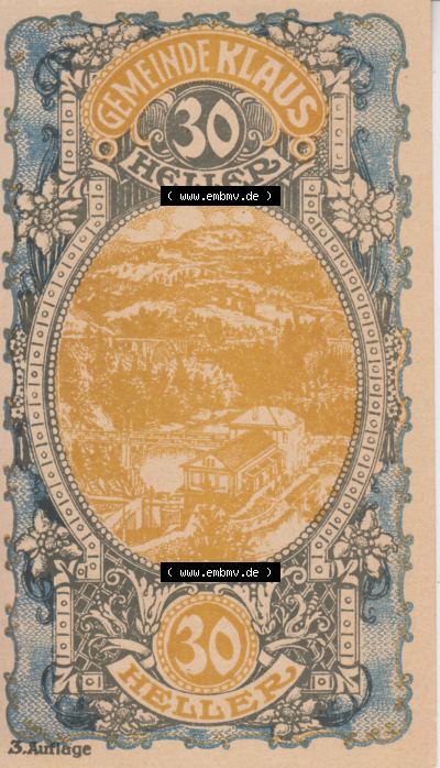 Notgeldscheine Vorarlberg Klaus 1920, II 30 Heller, 3. Auflage Ortsansichten (1) Sammlung