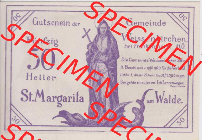 Notgeldscheine Oberösterreich Weißenkirchen im Attergau 1920, 50 Heller (1). Notgeld Oberösterreich der Gemeinde Weißenkirchen im Attergau, Notgeldscheine... Sammlung