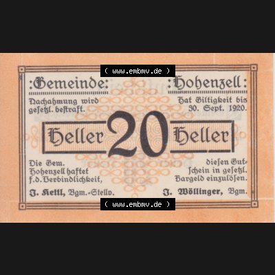 Notgeldscheine Oberösterreich Hohenzell 1920, 20 Heller. Vorderseite des oberösterreichischen Notgeldscheins im online Katalog auf EMBMV zum katalogisieren der eigenen Notgeld-Sammlung... Sammlung