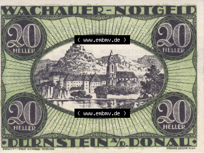 Notgeldscheine Niederösterreich Dürnstein 1920, 20 Heller. Vorderseite des Notgeldscheins im online Katalog auf EMBMV zum katalogisieren... Sammlung