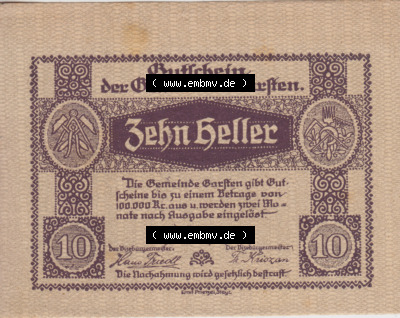 Notgeldscheine Oberösterreich Gemeinde Garsten 10 Heller. Vorderseite des oberösterreichischen Notgeldscheins im online Katalog... Sammlung
