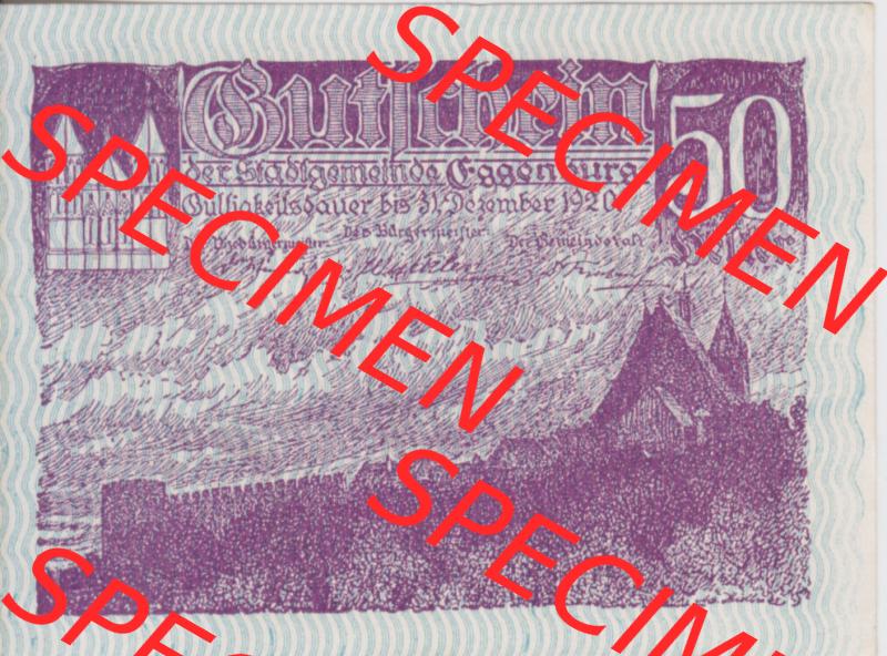 Notgeldscheine Niederösterreich Eggenburg 1920, 50 Heller III. Vorderseite des Notgeldscheins im online Katalog auf EMBMV zum katalogisieren der eigenen Sammlung für private Sammler... Sammlung