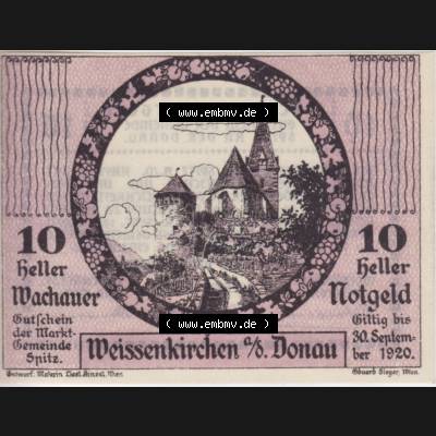 Notgeldscheine Niederösterreich Weissenkirchen in der Wachau, Wachauer Notgeld 1920, 10 Heller. Vorderseite des Notgeldscheins im online Katalog auf EMBMV zum katalogisieren der... Sammlung