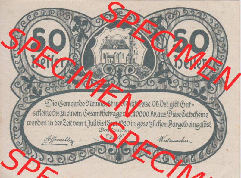 Notgeldscheine Oberösterreich Neumarkt im Mühlkreis 1920, 50 Heller (1). Notgeld Oberösterreich Neumarkt im Mühlkreis, Notgeldscheine aus Oberösterreich... Sammlung