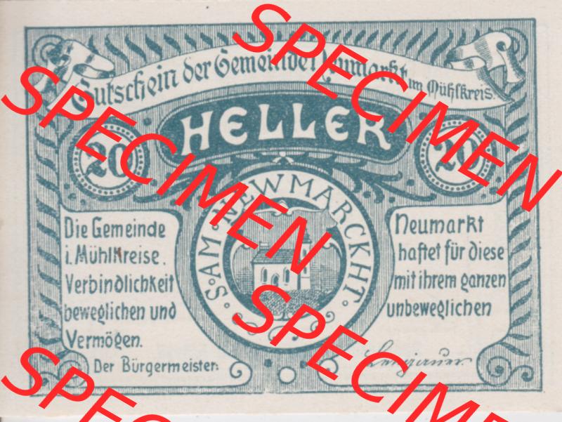 Notgeldscheine Oberösterreich Neumarkt im Mühlkreis 1920, 20 Heller (1). Notgeld Oberösterreich Neumarkt im Mühlkreis, Notgeldscheine aus Oberösterreich... Sammlung