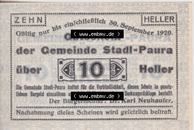 Notgeldscheine Oberösterreich Stadl-Paura 1920, I 10 Heller (1). Notgeld Oberösterreich Stadl-Paura, Notgeldscheine aus Oberösterreich... Sammlung