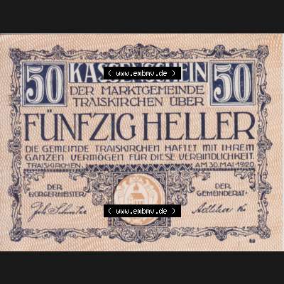 Notgeldscheine Niederösterreich Gemeinde Traiskirchen 1920, 50 Heller I. Vorderseite des Notgeldscheins im online Katalog auf EMBMV zum katalogisieren der eigenen Sammlung für private... Sammlung