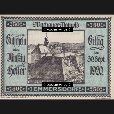 Notgeldscheine Niederösterreich Emmersdorf Wachauer Notgeld 1920, 50 Heller. Vorderseite des Notgeldscheins im online Katalog auf EMBMV zum katalogisieren der eigenen Sammlung für... Sammlung