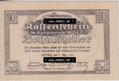Notgeldscheine Niederösterreich Stadt-Gemeinde Weitra 1920, 10 Heller. Vorderseite des Notgeldscheins im online Katalog auf EMBMV... Sammlung