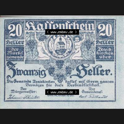 Notgeldscheine Niederösterreich Gemeinde Traiskirchen 1920, 20 Heller. Vorderseite des Notgeldscheins im online Katalog auf EMBMV zum katalogisieren der eigenen Sammlung für private... Sammlung