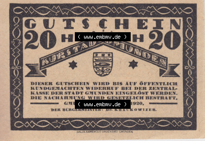 Notgeldscheine Oberösterreich Kurstadt Gmunden 1920, 20 Heller. Vorderseite des oberösterreichischen Notgeldscheins im online... Sammlung