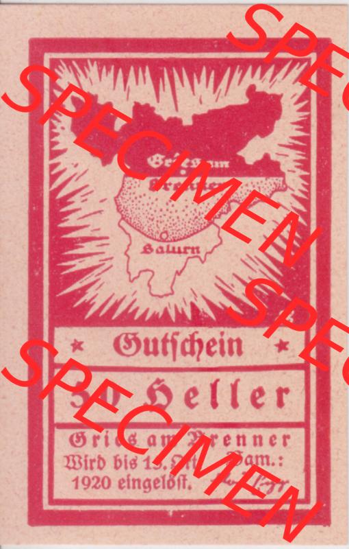 Notgeldscheine Tirol Gries am Brenner1920, 50 Heller (1) Sammlung