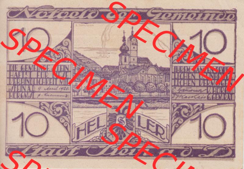 Notgeldscheine Niederösterreich Gemeinde Stadt Stein an der Donau 10 Heller. Vorderseite des Notgeldscheins im online Katalog auf EMBMV zum katalogisieren der eigenen Sammlung für private... Sammlung