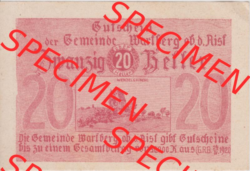 Notgeldscheine Oberösterreich Wartberg ob der Aist 1920-1920, 20 Heller rot (1). Notgeld Oberösterreich Gutschein der Gemeinde Wartberg ob der Aist, Notgeldscheine... Sammlung