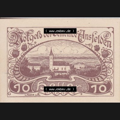 Notgeldscheine Oberösterreich Ansfelden Ortsgemeinde 1920, 10 Heller. Vorderseite des oberösterreichischen Notgeldscheins im online Katalog auf EMBMV zum katalogisieren der eigenen... Sammlung