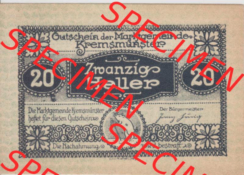 Notgeldscheine Oberösterreich Kremsmünster 1920, 20 Heller. Vorderseite des oberösterreichischen Notgeldscheins im online Katalog auf EMBMV zum katalogisieren der eigenen Notgeld-Sammlung... Sammlung