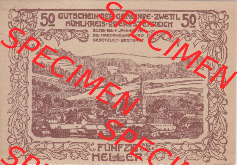Notgeldscheine Oberösterreich Zwettl Mühlkreis 1920-1921, 50 Heller braun (1). Notgeld Oberösterreich Gemeinde Zwettl Mühlkreis, Notgeldscheine aus Oberösterreich... Sammlung