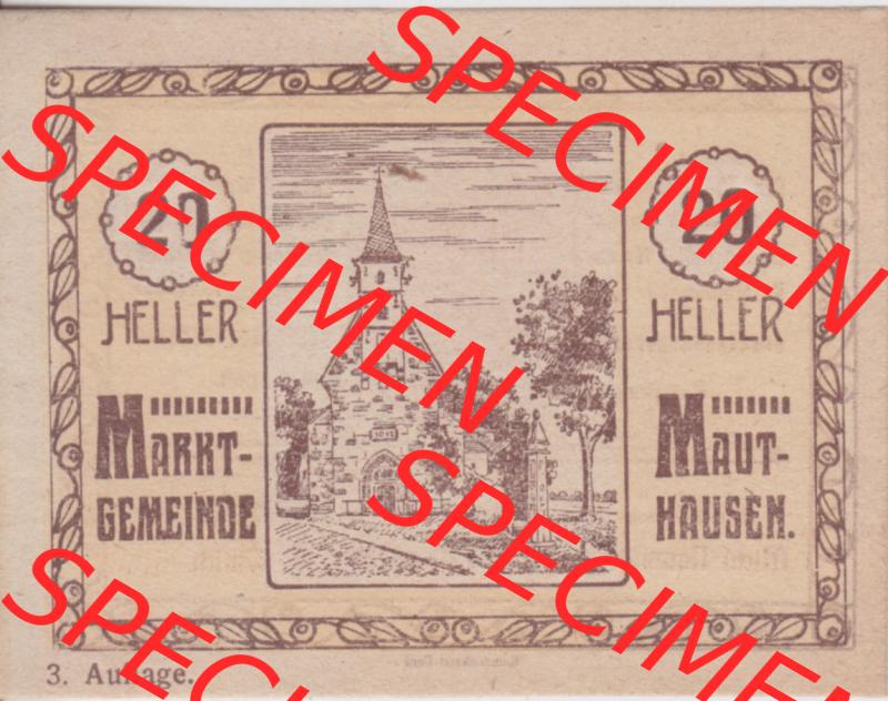 Notgeldscheine Oberösterreich Mauthausen 20 Heller I. Vorderseite des oberösterreichischen Notgeldscheins im online Katalog auf EMBMV zum katalogisieren der eigenen Notgeld-Sammlung Oberösterreich... Sammlung