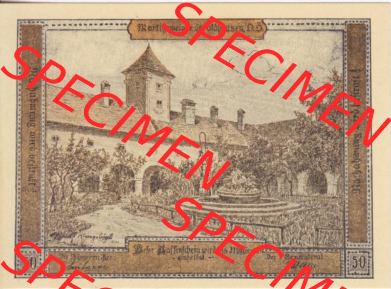 Notgeldscheine Oberösterreich Waldhausen im Strudengau 1921, 50 Heller (1). Notgeld als Gutschein der Oberösterreich Marktgemeinde Waldhausen, Notgeldscheine aus... Sammlung