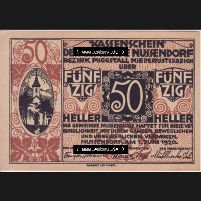 Notgeldscheine Niederösterreich Nussendorf - Artstetten 1920, 50 Heller. Vorderseite des Notgeldscheins im online Katalog auf EMBMV zum katalogisieren der eigenen Sammlung für private... Sammlung