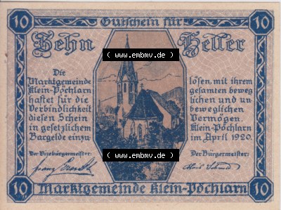 Notgeldscheine Niederösterreich Klein Pöchlarn 1920, 10 Heller. Vorderseite des Notgeldscheins im online Katalog auf EMBMV zum... Sammlung