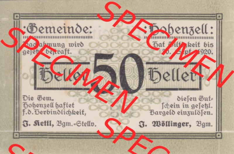 Notgeldscheine Oberösterreich Hohenzell 1920, 50 Heller. Vorderseite des oberösterreichischen Notgeldscheins im online Katalog auf EMBMV zum katalogisieren der eigenen Notgeld-Sammlung... Sammlung