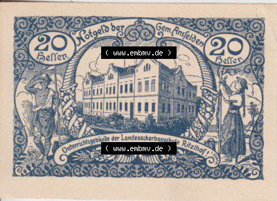 Notgeldscheine Oberösterreich Ansfelden Ortsgemeinde 1920, 20 Heller. Vorderseite des oberösterreichischen Notgeldscheins im... Sammlung