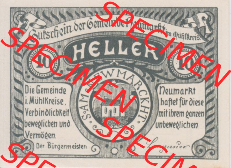 Notgeldscheine Oberösterreich Neumarkt im Mühlkreis 1920, 10 Heller (1). Notgeld Oberösterreich Neumarkt im Mühlkreis, Notgeldscheine aus Oberösterreich... Sammlung