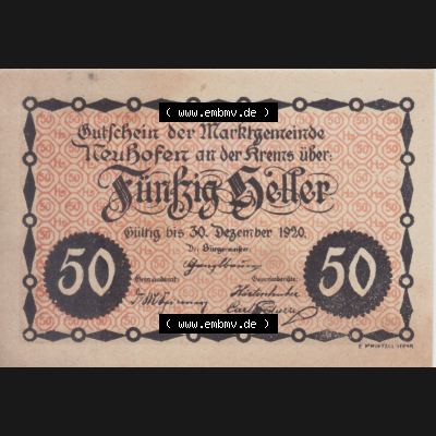 Notgeldscheine Oberösterreich Neuhofen an der Krems1920, 50 Heller (1). Notgeld Oberösterreich Neuhofen an der Krems, Notgeldscheine aus Oberösterreich im online... Sammlung