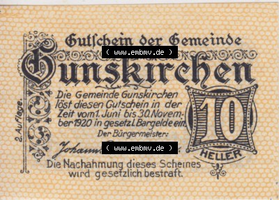 Notgeldscheine Oberösterreich Gunskirchen, Gemeinde 1920, 10 Heller. Vorderseite des oberösterreichischen Notgeldscheins im... Sammlung