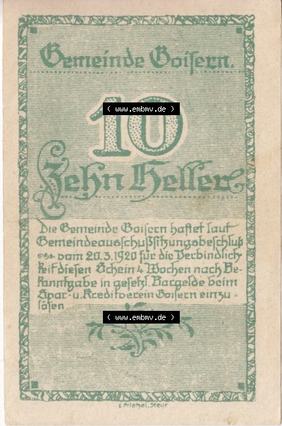 Notgeldscheine Oberösterreich Gemeinde Goisern 10 Heller. Vorderseite des oberösterreichischen Notgeldscheins im online Katalog... Sammlung