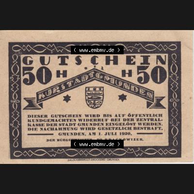Notgeldscheine Oberösterreich Kurstadt Gmunden 1920, 50 Heller. Vorderseite des oberösterreichischen Notgeldscheins im online Katalog auf EMBMV zum katalogisieren der eigenen Notgeld-Sammlung... Sammlung