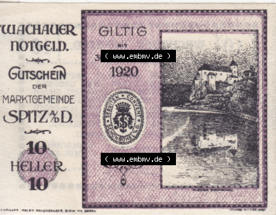 Notgeldscheine Niederösterreich Spitz Wachauer Notgeld 1920, I. 10 Heller. Vorderseite des Notgeldscheins im online Katalog auf... Sammlung