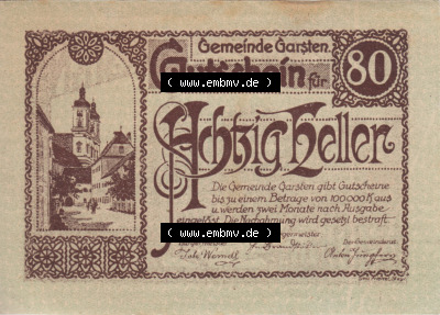 Notgeldscheine Oberösterreich Gemeinde Garsten 80 Heller. Vorderseite des oberösterreichischen Notgeldscheins im online Katalog... Sammlung