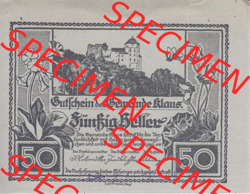 Notgeldscheine Vorarlberg Klaus 1920, 50 Pfennig, 2. Auflage (1) Sammlung