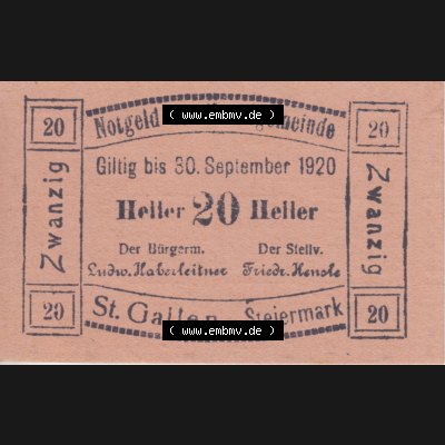 Notgeldscheine Steiermark Sankt Gallen (0003). Notgeldscheine Marktgemeinde Steiermark St. Gallen, Notgeldscheine aus Steiermark im online Katalog für private Sammler,... Sammlung