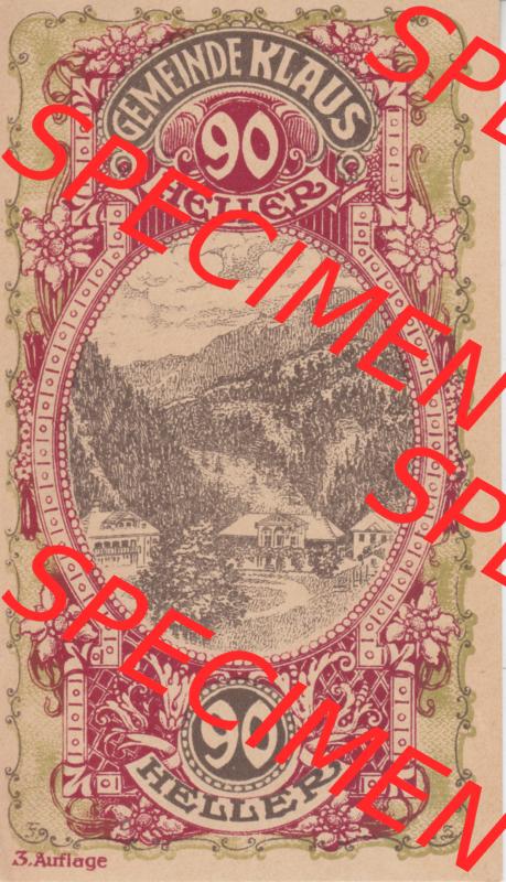 Notgeldscheine Vorarlberg Klaus 1920, I 90 Heller, 3. Auflage Ortsansichten (1) Sammlung