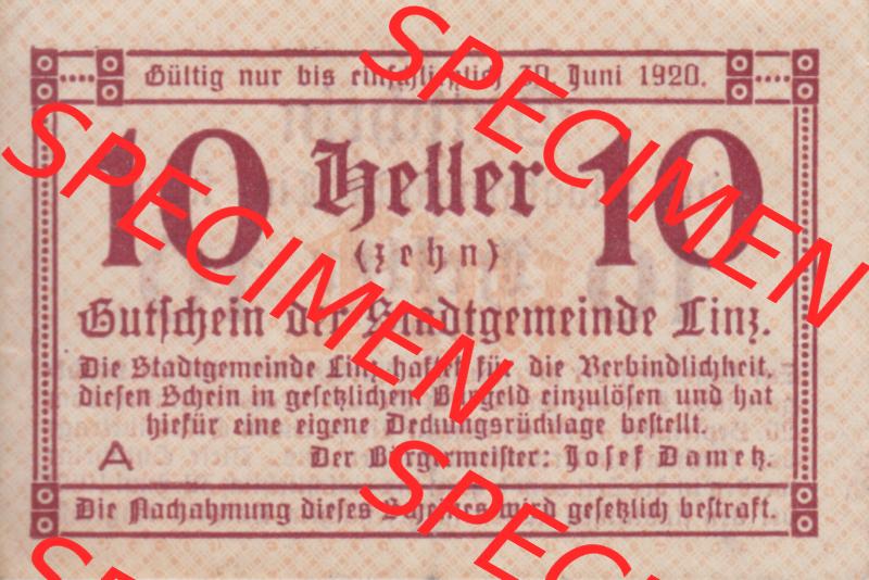 Notgeldscheine Oberösterreich Linz, Stadt-Gemeinde 10 Heller. Vorderseite des oberösterreichischen Notgeldscheins im online Katalog auf EMBMV zum katalogisieren der eigenen Notgeld-Sammlung... Sammlung