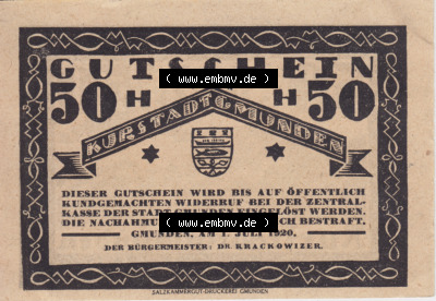 Notgeldscheine Oberösterreich Kurstadt Gmunden 1920, 50 Heller. Vorderseite des oberösterreichischen Notgeldscheins im online... Sammlung