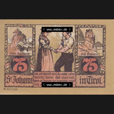 Notgeldscheine Tirol Sankt Johann in Tirol 1921, Auflage 4. 75 Heller (1) Sammlung