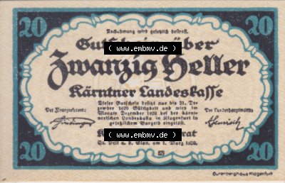 Notgeldscheine Kärnten Kärntner Landeskasse 1920, 20 Heller. Vorderseite des Notgeldscheins im online Katalog auf EMBMV zum... Sammlung